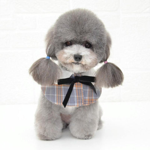 Dog Shawl Small Cloak Pet Bow Ttie Saliva Towel Pet Accessories - Size M - Gray Yellow Grid