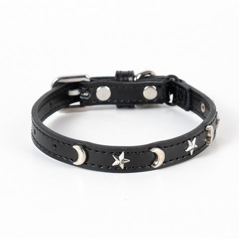 3 pcs Black Stylish PU Leather Pet Collar - Anti-Loss, Puppy Bell, Star & Moon Design Width 1.2cm Total Length 35cm
