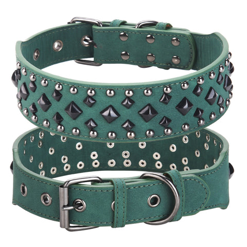 Size L Green 1 pack Stylish PU Leather Dog Collar with Spikes - Adjustable, Durable & Comfortable for Medium to Large Breeds