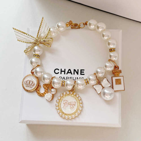 White 4-PCS Pearl Charm Pet Necklace - Adjustable Bowknot Collar for Small Dogs & Cats (M: 25+5CM)