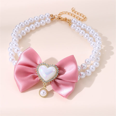 2 - PCS Cute Pet Pearl Necklace Collar with Pink Bow and Heart Charm - Size S