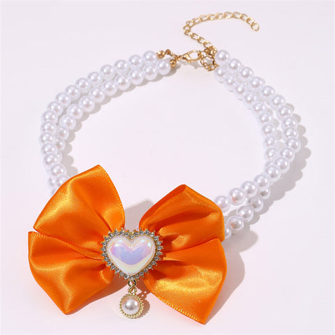 2 - PCS Cute Pet Pearl Necklace Collar with Orange Bow and Heart Charm - Size S