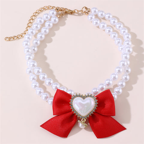 2 - PCS Cute Pet Pearl Necklace Collar with Red Bow and Heart Charm - Size S