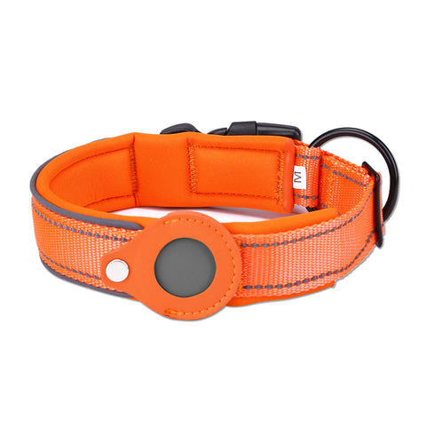 L Orange Secure Nylon Dog Collar with Built-in Apple AirTag (not included) Holder Case - Pet Tracker Accessory