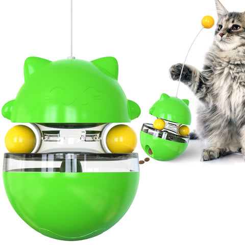 Cat Teaser Cup Toy, Interactive Treat Dispensing Ball with Wand (Green)