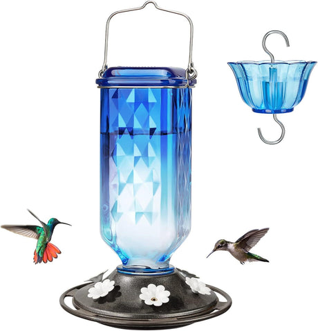Elegant Hanging Hummingbird Feeder - Decorative Glass Nectar Bottle with Ant Moat, 6 Feeding Ports(Blue)