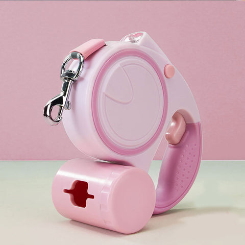 Pink 3M Retractable Dog Leash - Built-in LED Light (No Batteries) and Bag Holder