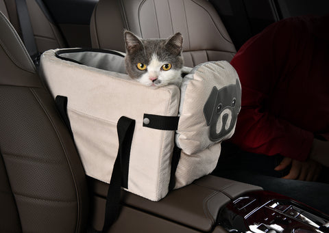 Beige Pet Car Booster Seat for Small Dogs & Cats - Safe Travel Carrier Bed