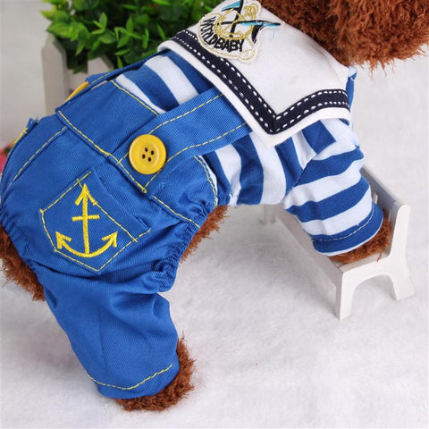 Blue Cute Sailor Dog Outfit - Striped Shirt & Anchor Overalls for Small Dogs (Size : S )