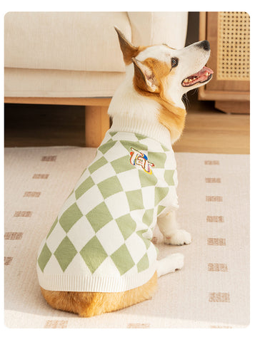 Classic Argyle Dog Sweater - Green & White Knit for Corgis & Medium Breeds (Size : S)