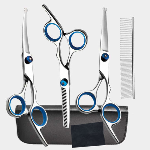 Blue and Silver Complete 5-Piece Pet Grooming Scissors Kit - Stainless Steel Straight, Curved & Thinning Shears with Comb & PU Case (6.0 Inch)