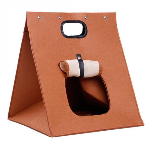 Brown Cozy A-Frame Felt Pet Teepee - Foldable & Portable Cat Cave Bed with Easy Carry Handle
