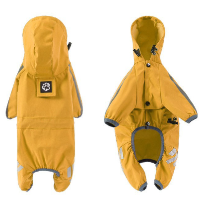 S Bright Yellow And Gray Trim Waterproof Four-Legged Dog Raincoat with Leash Hole for Small Breeds