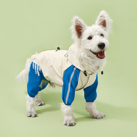 Colorblock (Beige blue) Dog Raincoat - Waterproof with Hood and Reflective Strips (Size XL)