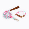 Premium Leather Pet Collar and Leash - Soft, Strong Braided Rope (Pink green - Size M)