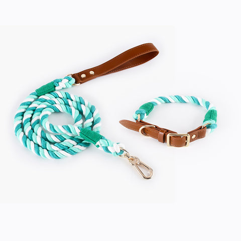 Premium Leather Pet Collar and Leash - Soft, Strong Braided Rope (Double green - Size L)
