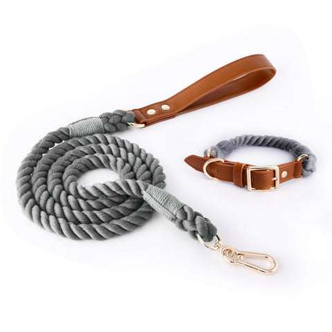 Premium Leather Pet Collar and Leash - Soft, Strong Braided Rope (Dark gray - Size L)