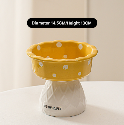 Yellow Adorable Mushroom Ceramic Elevated Cat Bowl - Anti-Vomiting & Spine Protecting Pet Feeder with Polka Dots